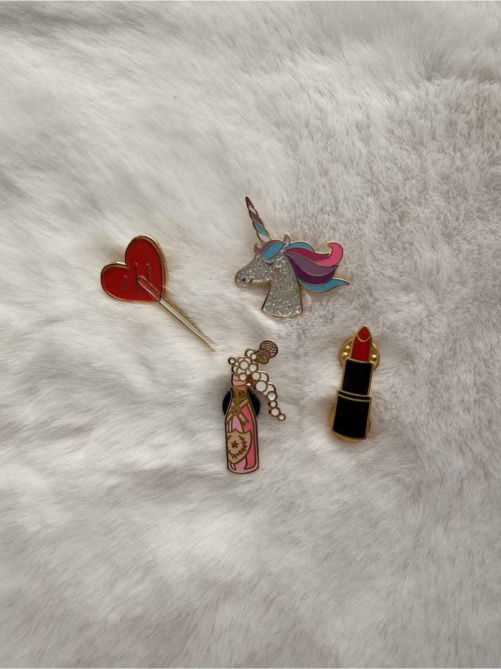 Enamel Pin Set - Heart, Unicorn, Champagne & Lipstick - Pink, Red, Silver, Black